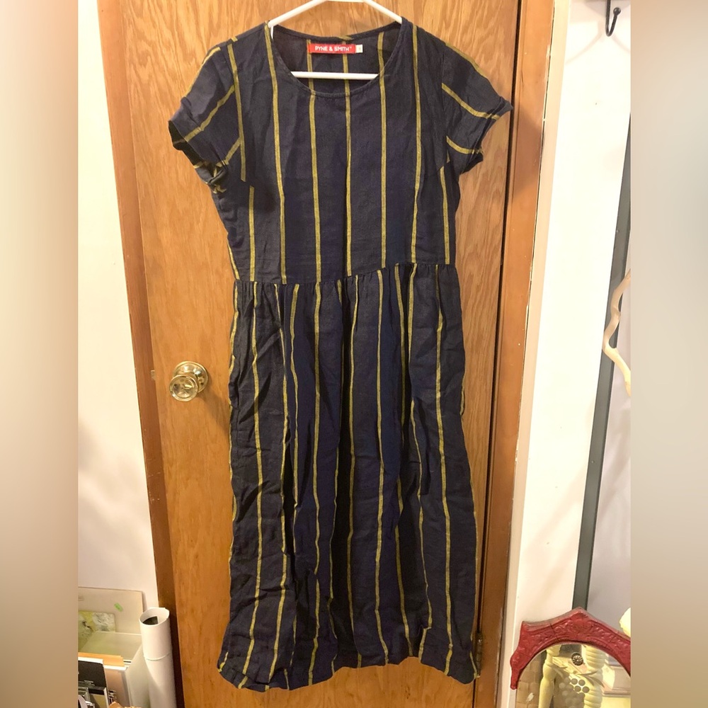 Pyne & Smith Model No. 17 Oxford Stripe Dress Navy Blue & Yellow Striped Linen - Picture 5 of 8
